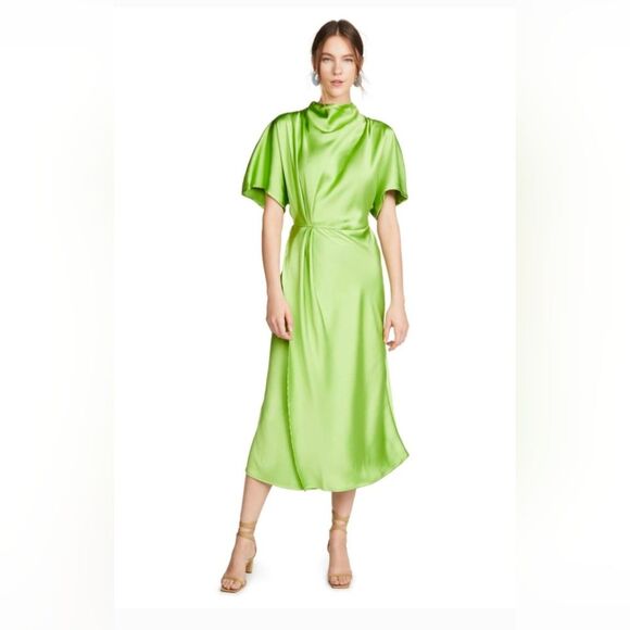 STINE GOYA Rhode Sheen Cady Green Dolman Sleeve Long Dress Size L Silky Draped - Picture 1 of 10